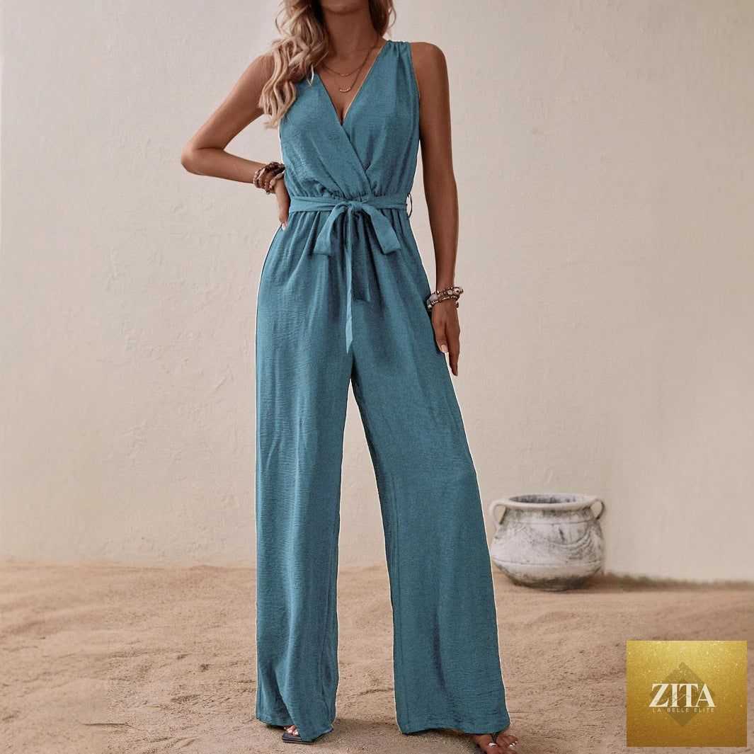 Women's ice silk high-waist sleeveless jumpsuit with wide-leg design by Zita La Belle Elite, casual and stylish for everyday wear.