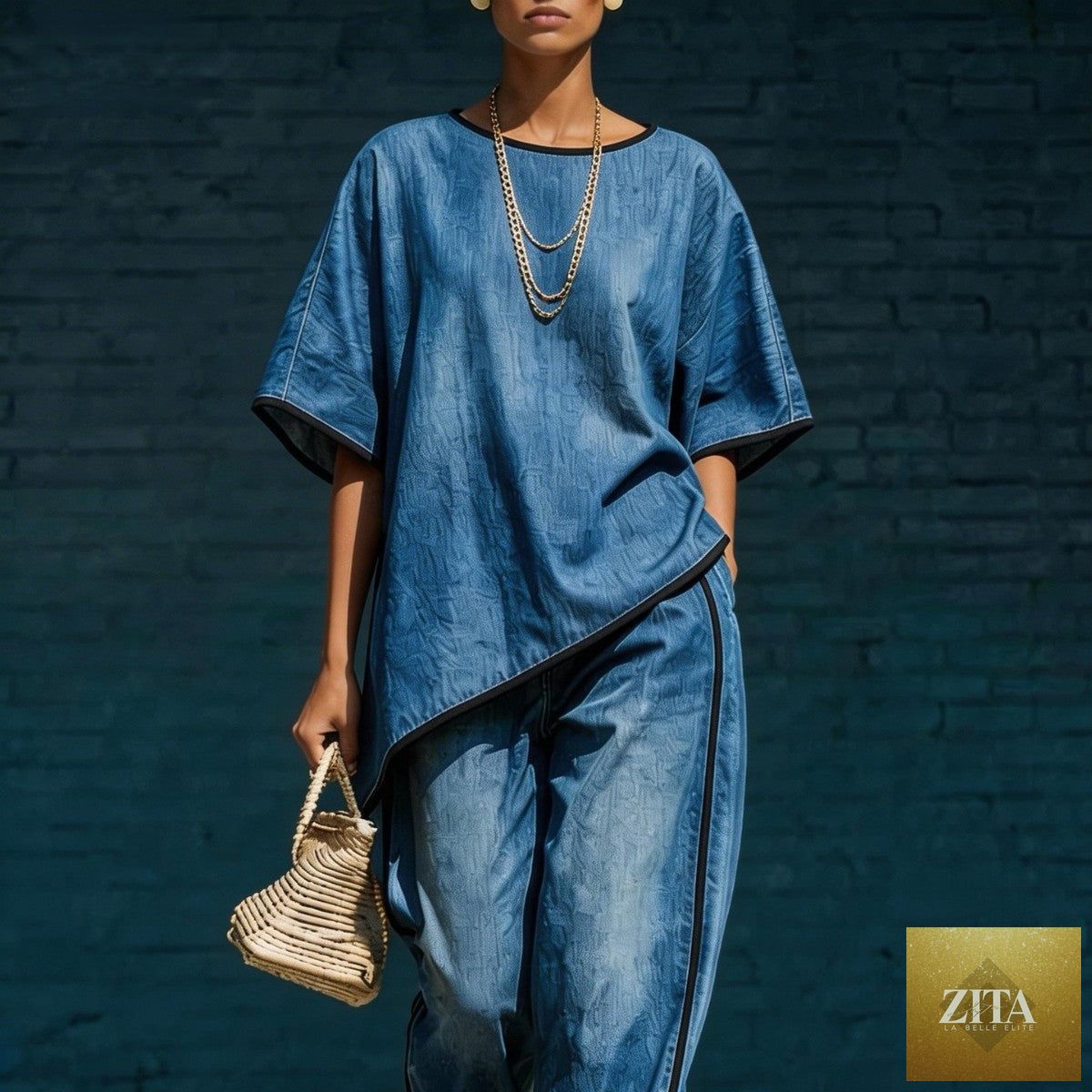 Zita La Belle Elite women's denim-style knit top and wide-leg pants set, casual 2-piece outfit, styled for relaxed everyday wear.