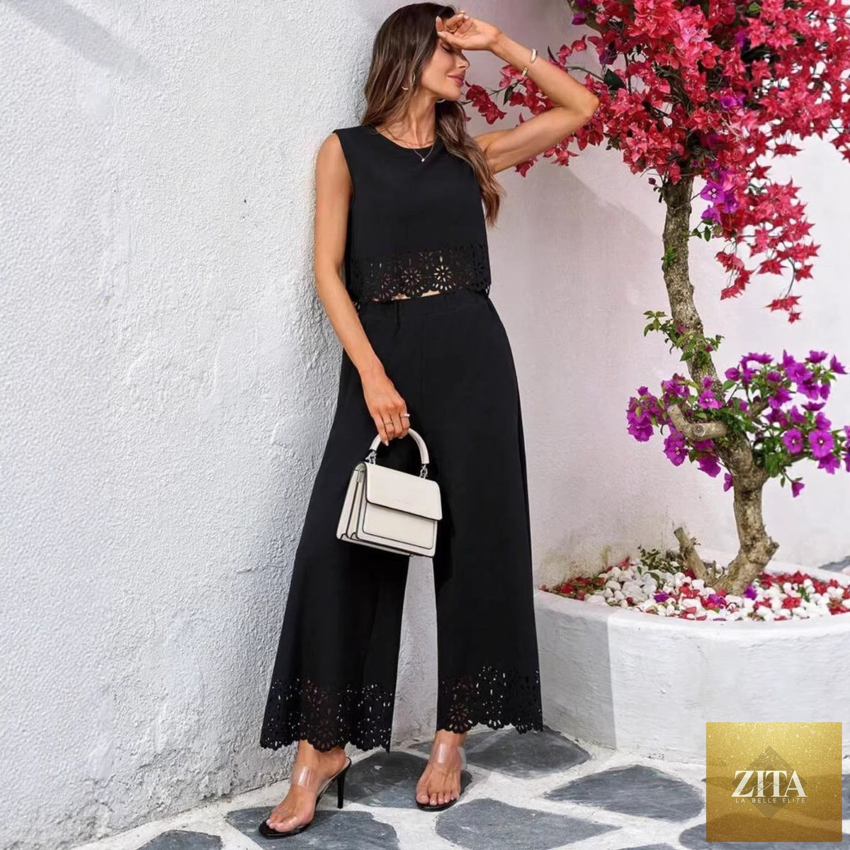 Zita La Belle Elite women's resort-style hollow-out tank top and pants set, casualwear with pockets, in a relaxed fit.