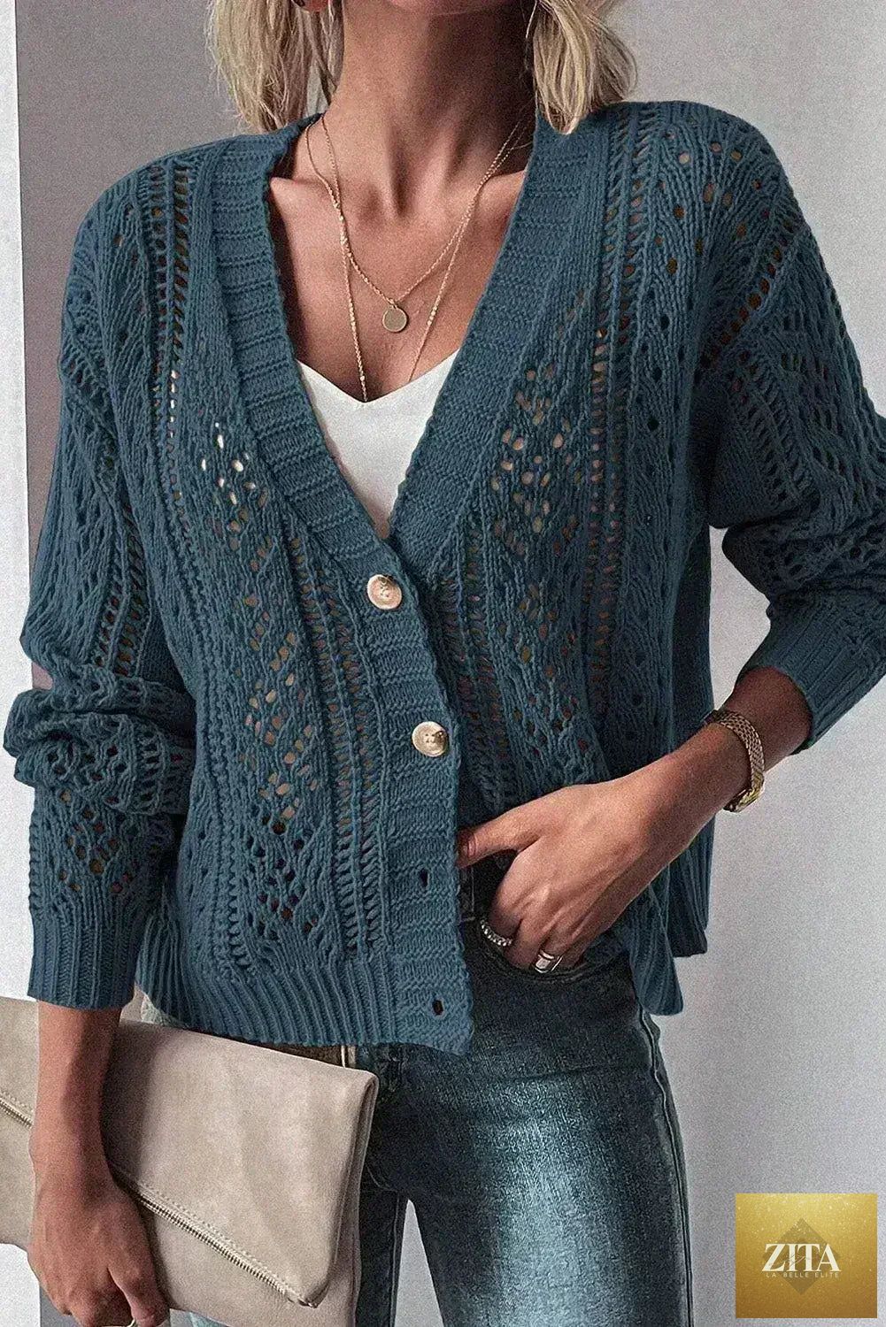 Dark khaki Femstylo open-knit cardigan sweater with drop shoulder design, cotton-acrylic blend, lightweight and cozy for casual wear.