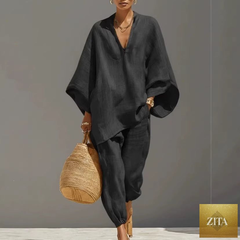 Zita La Belle Elite women's casual two-piece set with loose shirt and cropped pants, vintage-inspired casualwear ensemble.