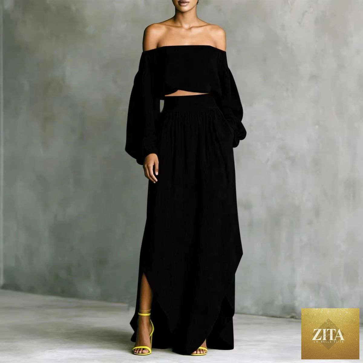 Zita La Belle Elite women's off-shoulder top and asymmetrical maxi skirt set in casualwear style, light fabric, stylish and comfortable.