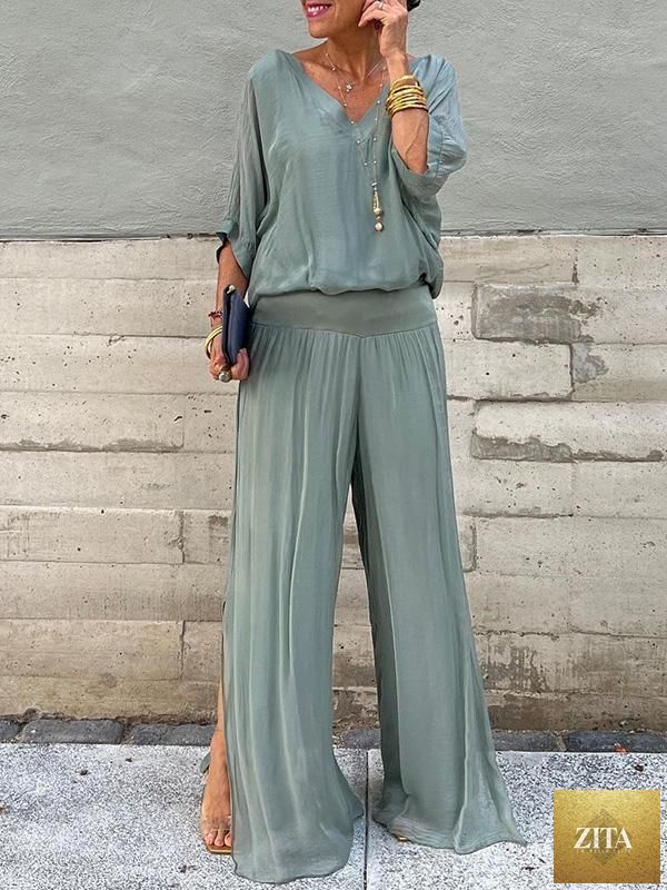 Zita La Belle Elite solid-color chiffon two-piece casualwear set with long sleeves and relaxed fit in multiple colors.