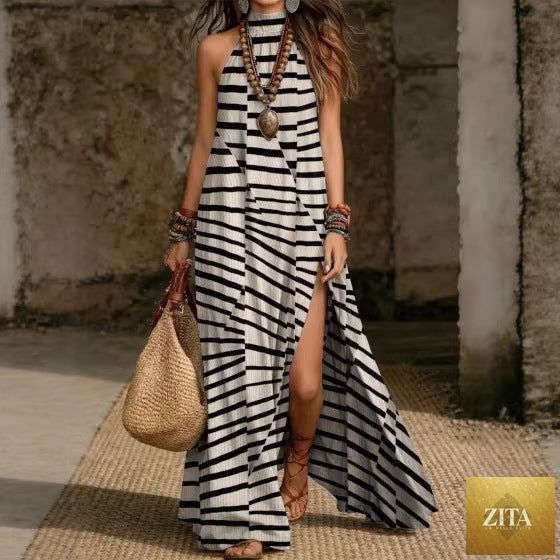 Zita La Belle Elite women's printed halterneck split maxi dress with sleeveless, loose fit design, perfect for summer or casual wear.