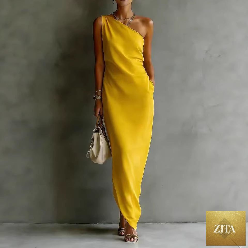 Women's satin off-shoulder slim-fit maxi dress by Zita La Belle Elite, showing the elegant design and off-shoulder style.