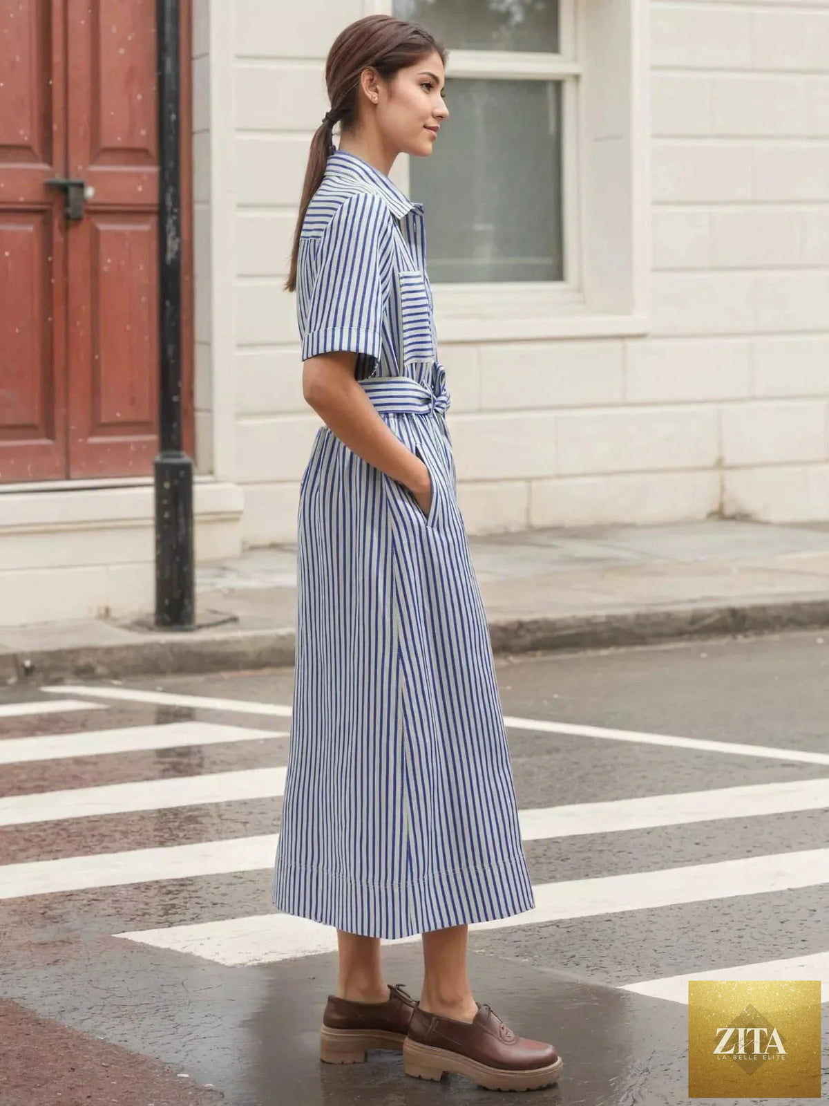 Striped button-front shirt dress by Shopiebay featuring a classic collar, long sleeves, and a relaxed fit for casual wear.
