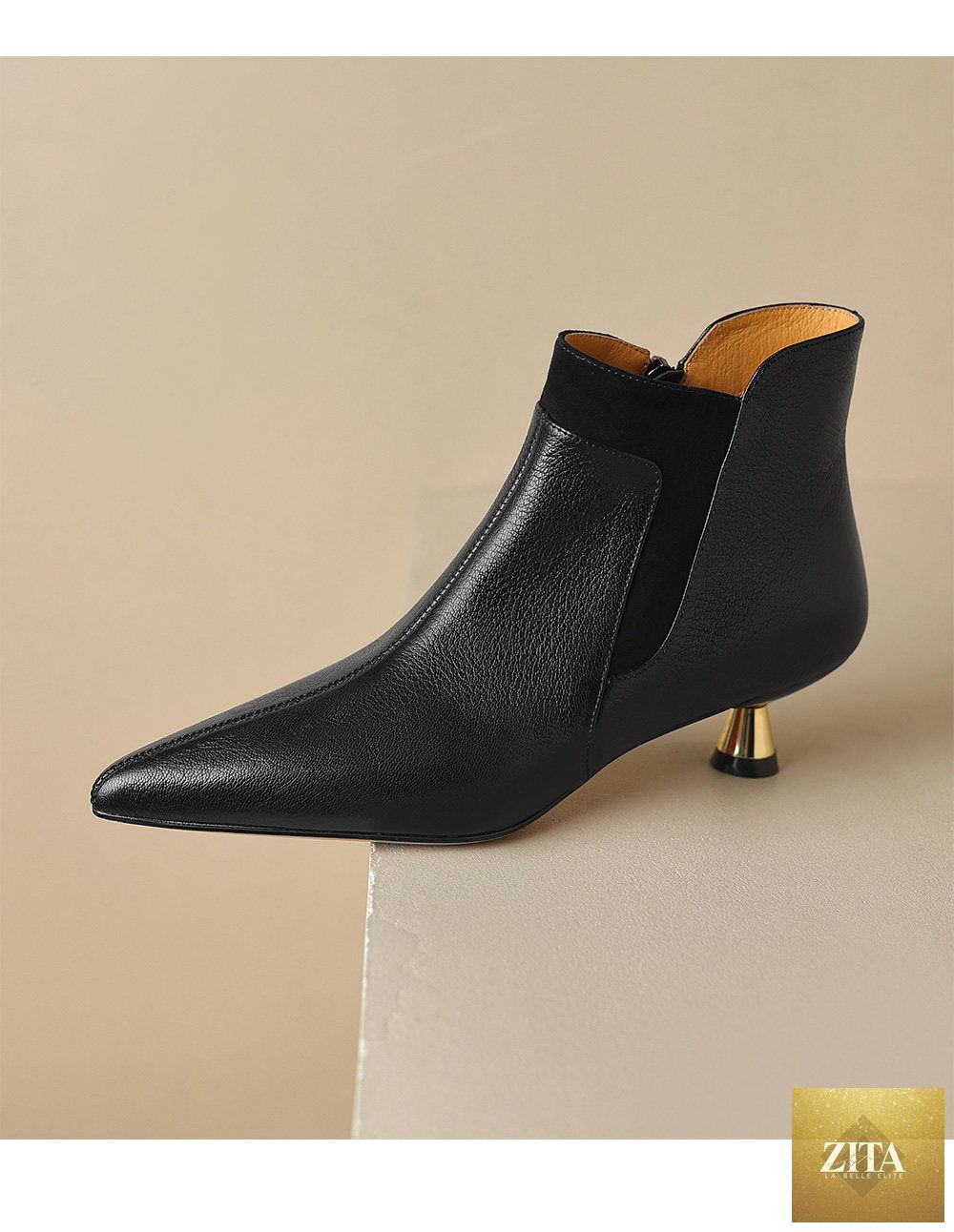 Women's genuine leather kitten heel ankle boots by FitiqueFit with pointed toe and side zipper, stylish footwear for women.