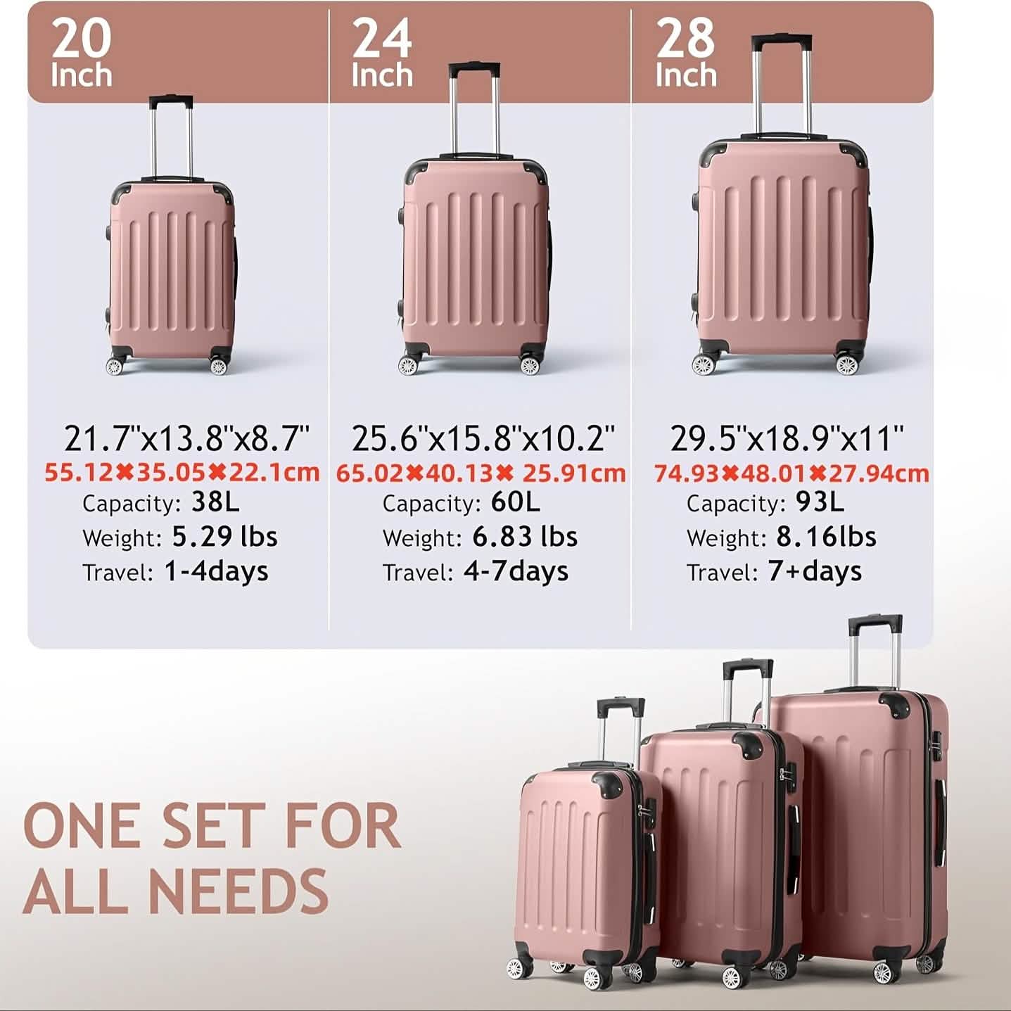 Set of three DailySale hard shell travel luggage with TSA locks and 360° spinner wheels in 20, 24, and 28 inches.
