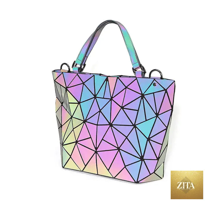 Geometric laser-cut women's crossbody handbag in black with stylish design, featuring adjustable strap and trendy pattern.