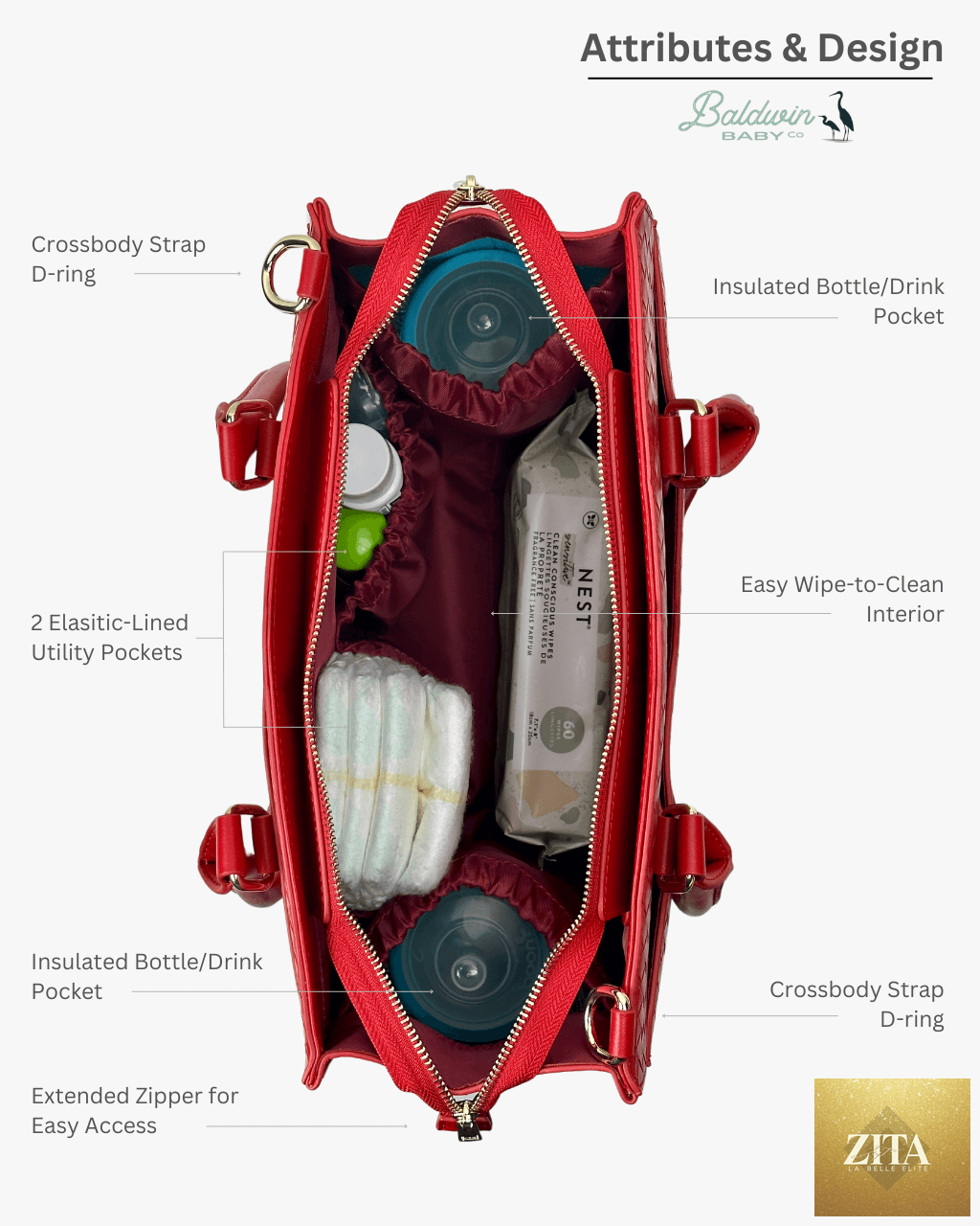 Inside view of Baldwin Baby Company Montrose Diaper Bag Tote in cardinal, showing spacious interior with organized compartments.