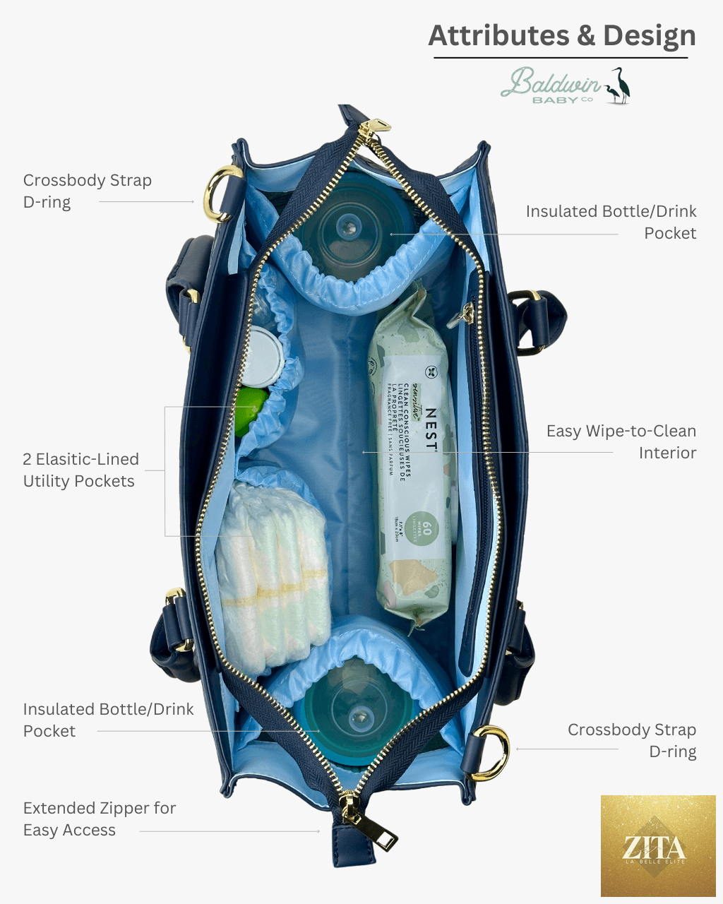 Cobalt blue Baldwin Baby Company Montrose Diaper Bag tote with interior compartments and baby essentials.