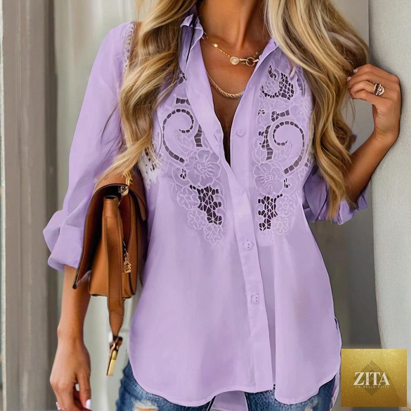 Women’s contrast lace long-sleeve button-down blouse from FitiqueFit, featuring elegant lace details and a casual fit.
