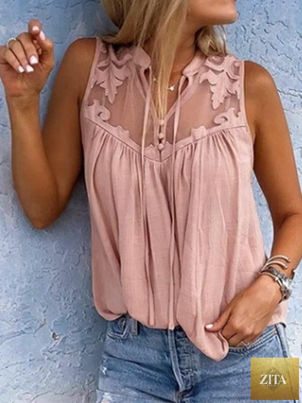 Water image showing Zita La Belle Elite chiffon patchwork lace V-neck sleeveless top, casual silk chiffon sleeveless blouse.