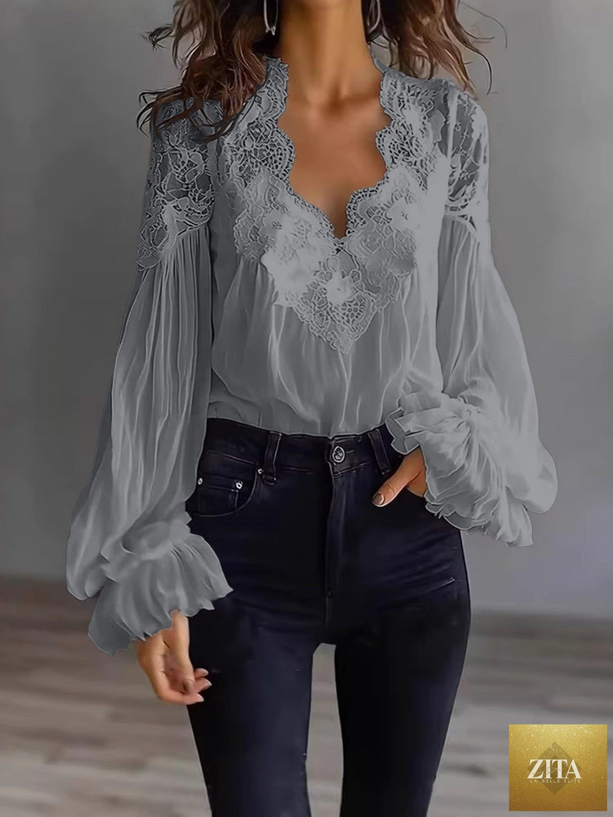 Lace-panel puff sleeve pleated ruffle ballet-style shirt from FitiqueFit featuring delicate lace details and elegant ruffle accents.