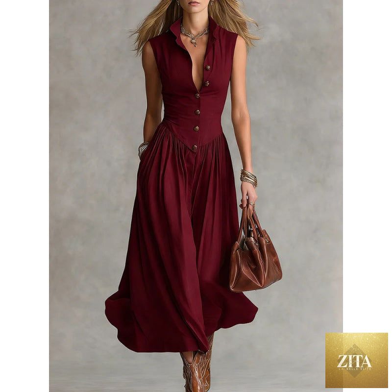 Women's sleeveless maxi dress with lapel collar and patchwork design by Zita La Belle Elite, casualwear, slim fit style.