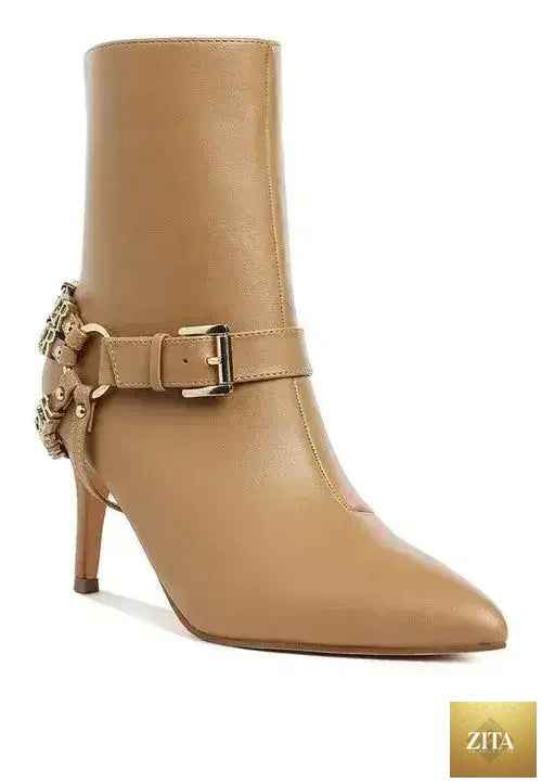 Femstylo buckle harness stiletto boots with 3-inch heel, stylish black footwear featuring buckle details and sleek design.
