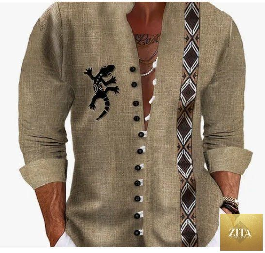 Mandotos men's fashion 3D printed shirt top with vibrant, intricate patterns and a modern fit, showcased on a model.
