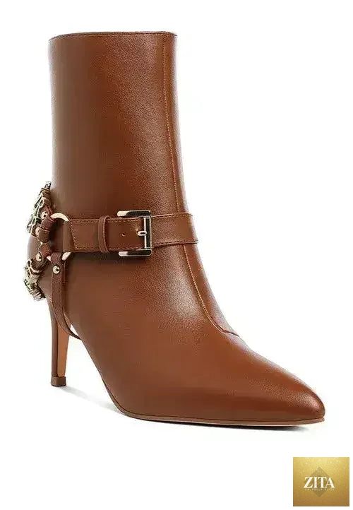 Femstylo buckle harness stiletto boots with 3-inch heels, stylish footwear featuring buckle accents and sleek design.