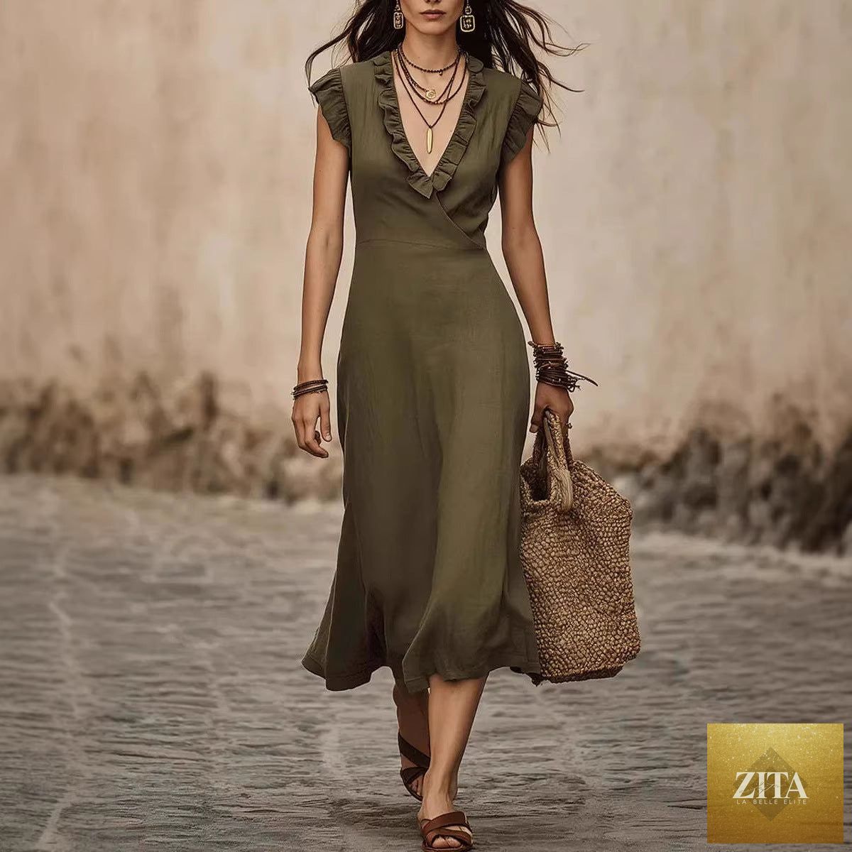 Women's V-neck cotton-linen midi dress with flutter sleeves and ruffle trim by Zita La Belle Elite, casualwear, displayed on a hanger.