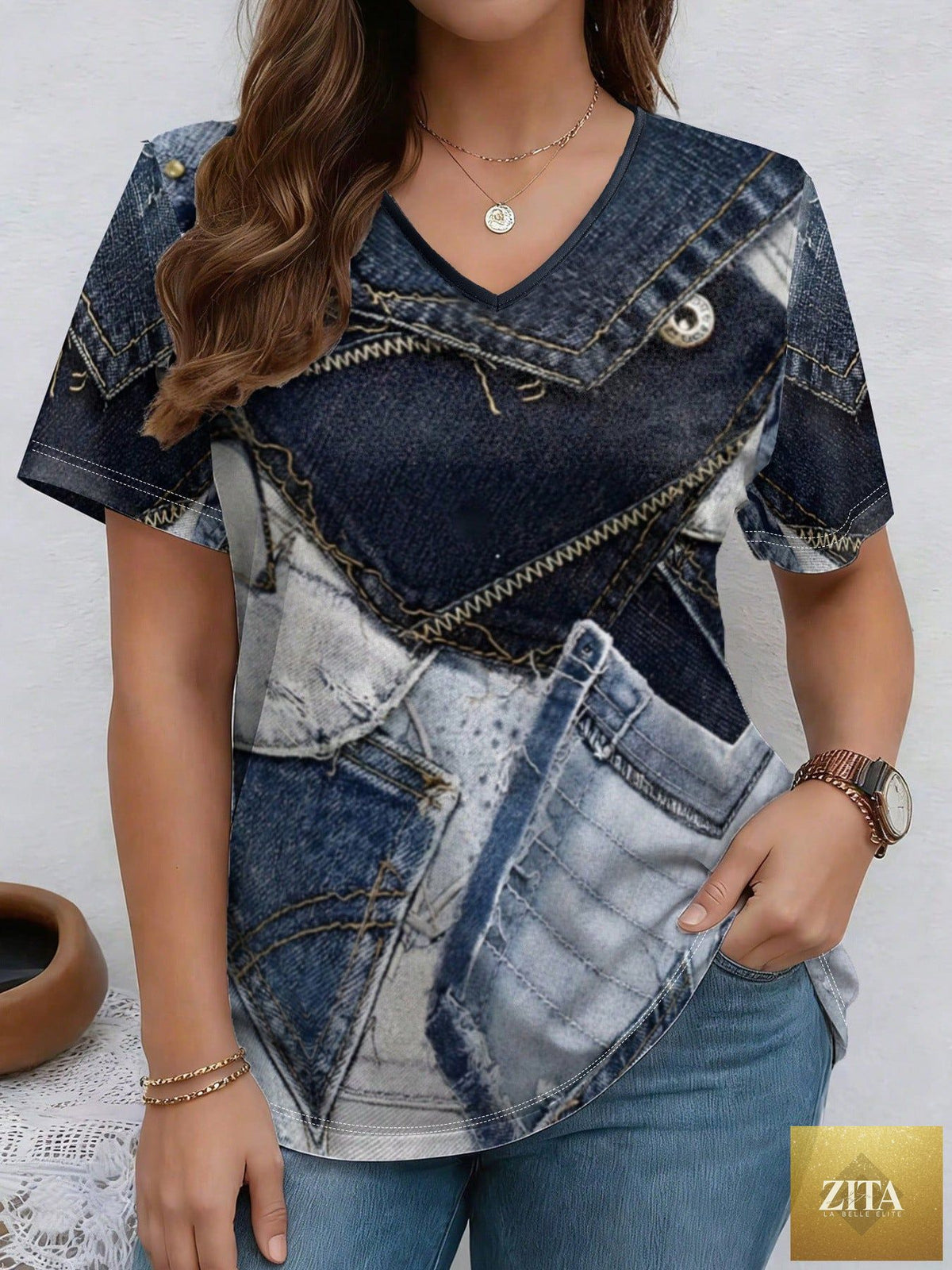 Zita La Belle Elite V-neck denim print short sleeve casual T-shirt with a loose fit, ideal for everyday casual wear.