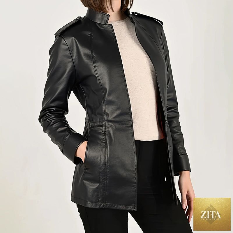 Vintage style PU leather jacket by FitiqueFit, mid-length open cardigan with pockets and classic open-front design.