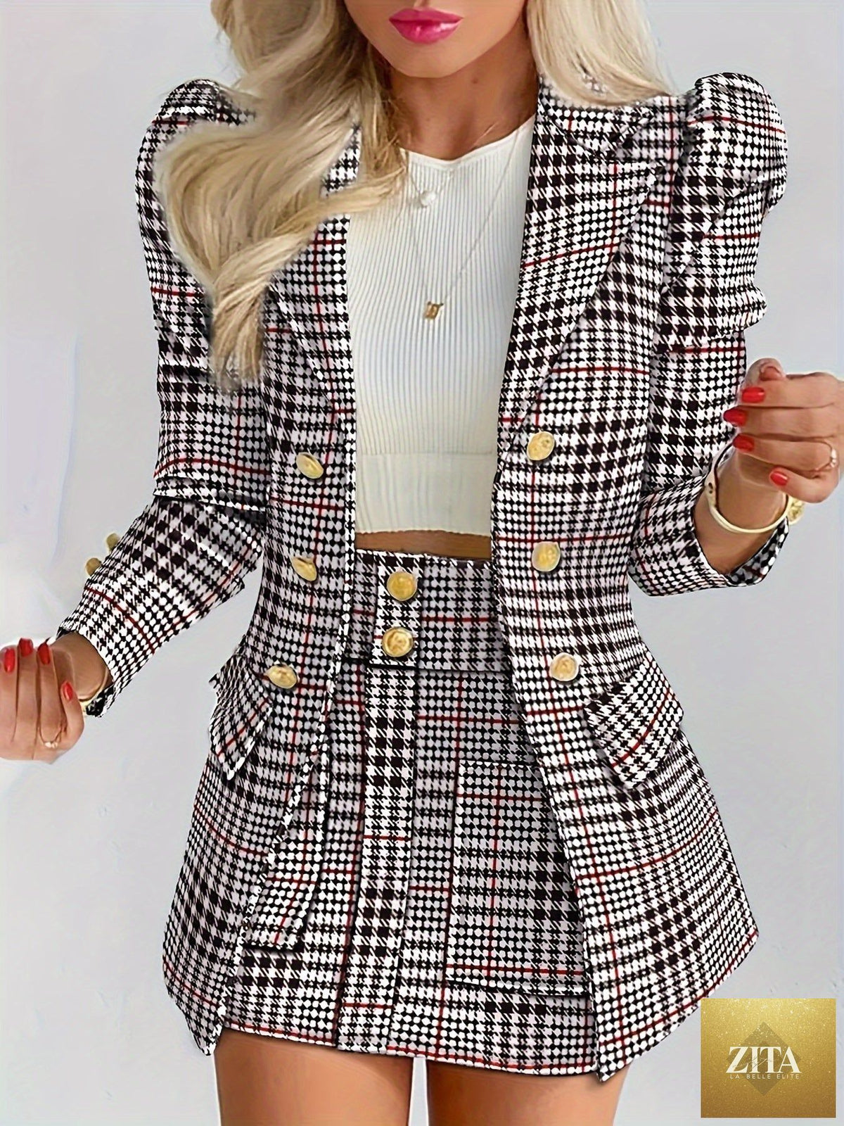 Plus size plaid skirt suit for women, featuring a two-piece blazer and high waist skirt set in casualwear style by FitiqueFit.