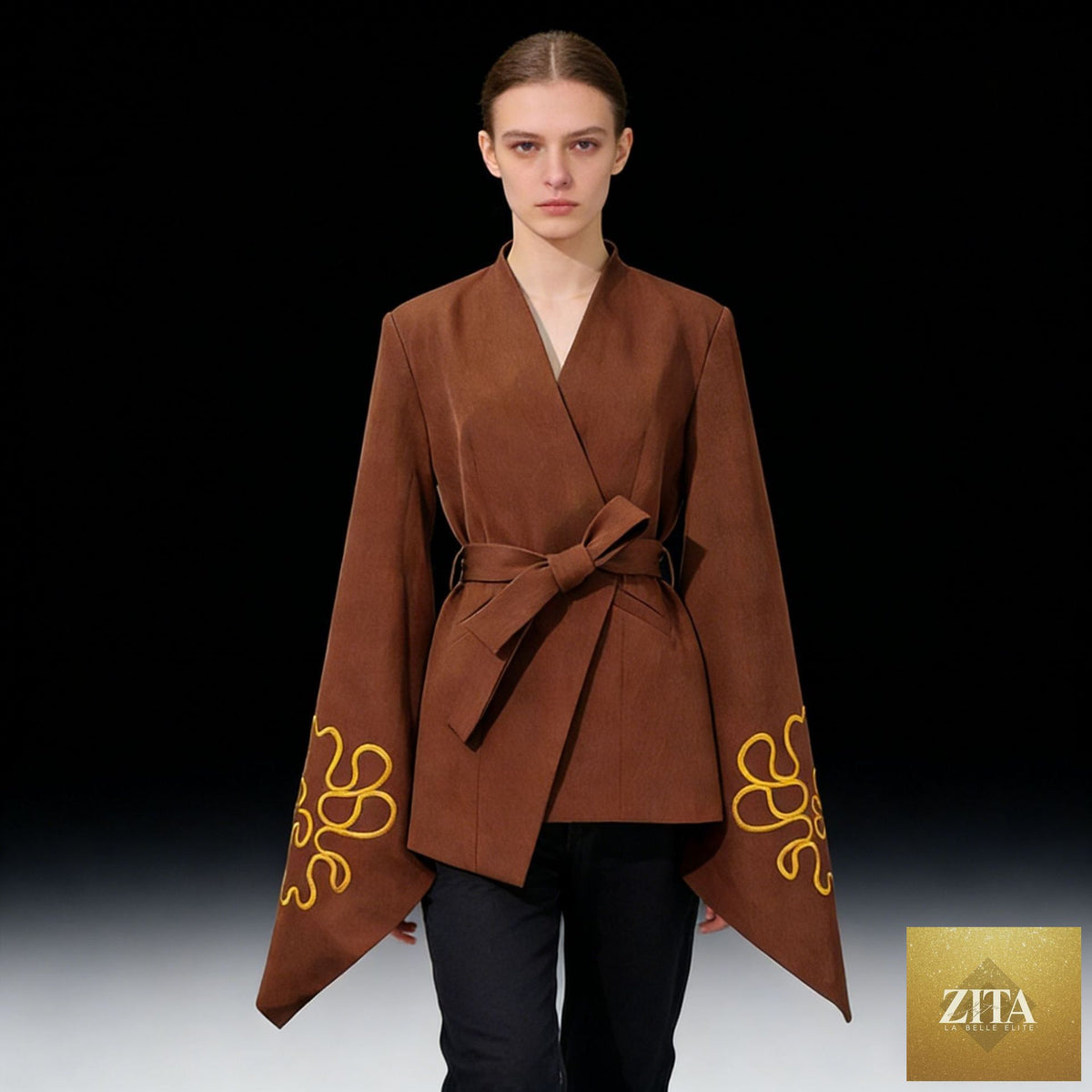 Elegant embroidered slim-fit blazer for women with flared sleeves, showcasing high-end sophistication and stylish design.