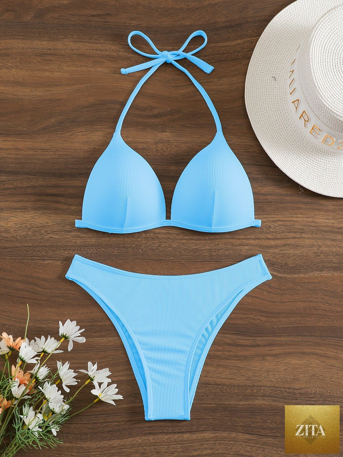 Stevvex bikini rib knit solid color triangle 2-piece swimsuit with adjustable tie back and spaghetti straps, ideal for summer beachwear.