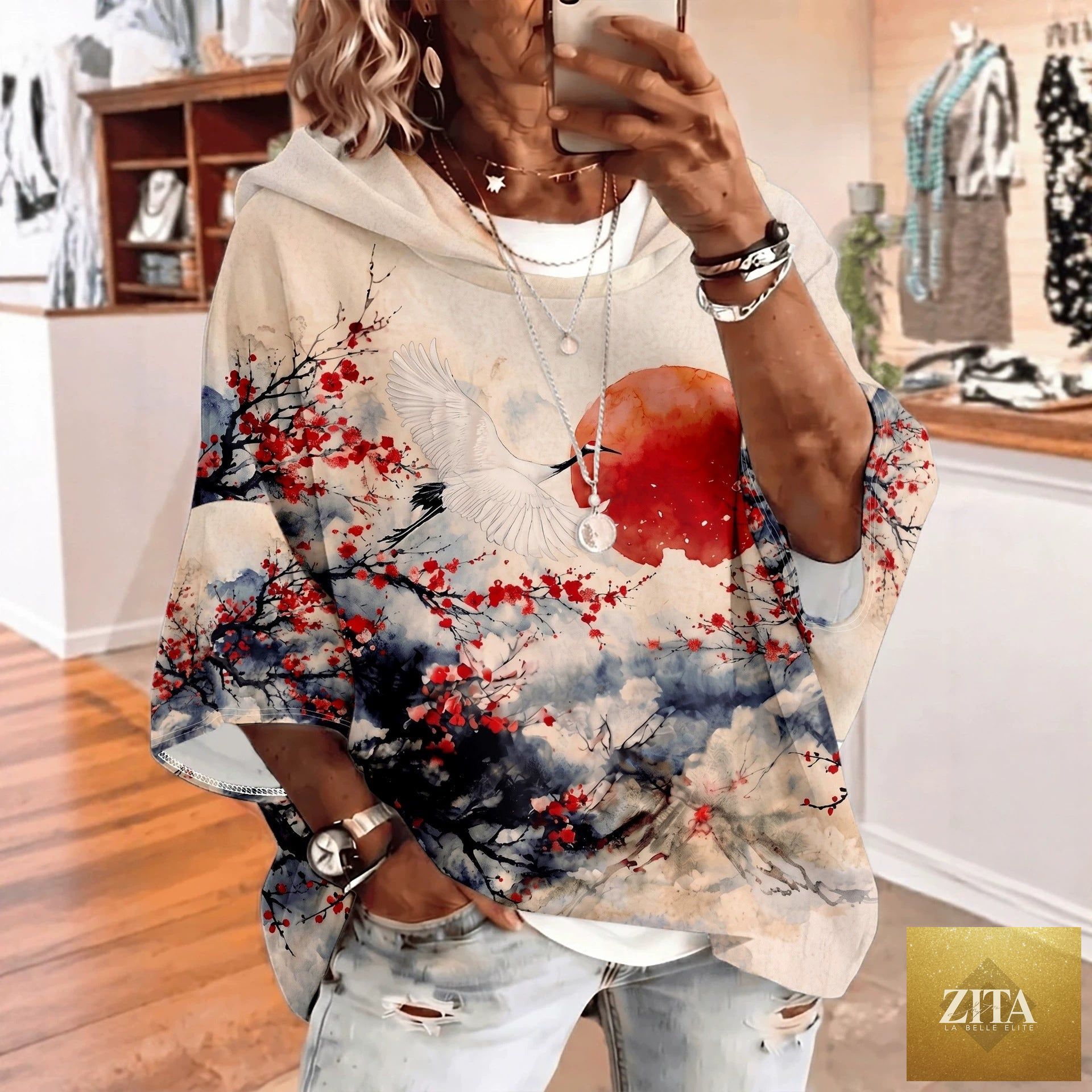 Women's Graphic Print Drawstring Hoodie – Three-Quarter Sleeves