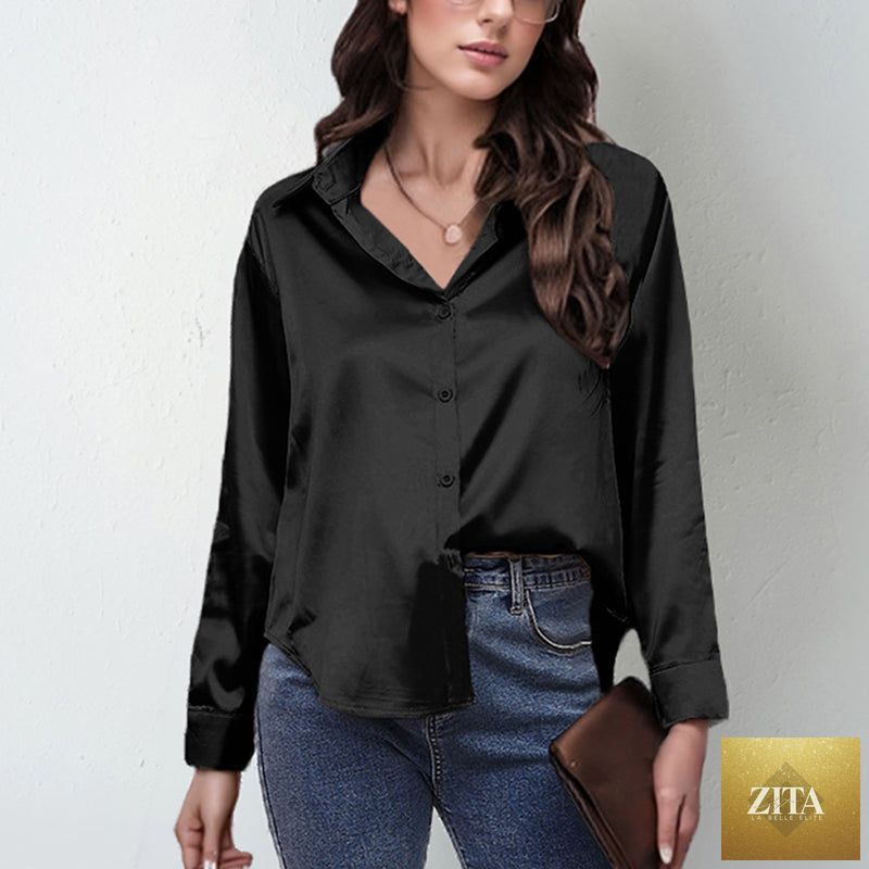 Women’s satin lapel button-down blouse by FitiqueFit, casualwear with a smooth satin fabric and classic collar detail.