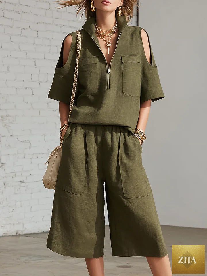 Zita La Belle Elite casual two-piece set with short-sleeve shirt and loose shorts, perfect for relaxed everyday wear.