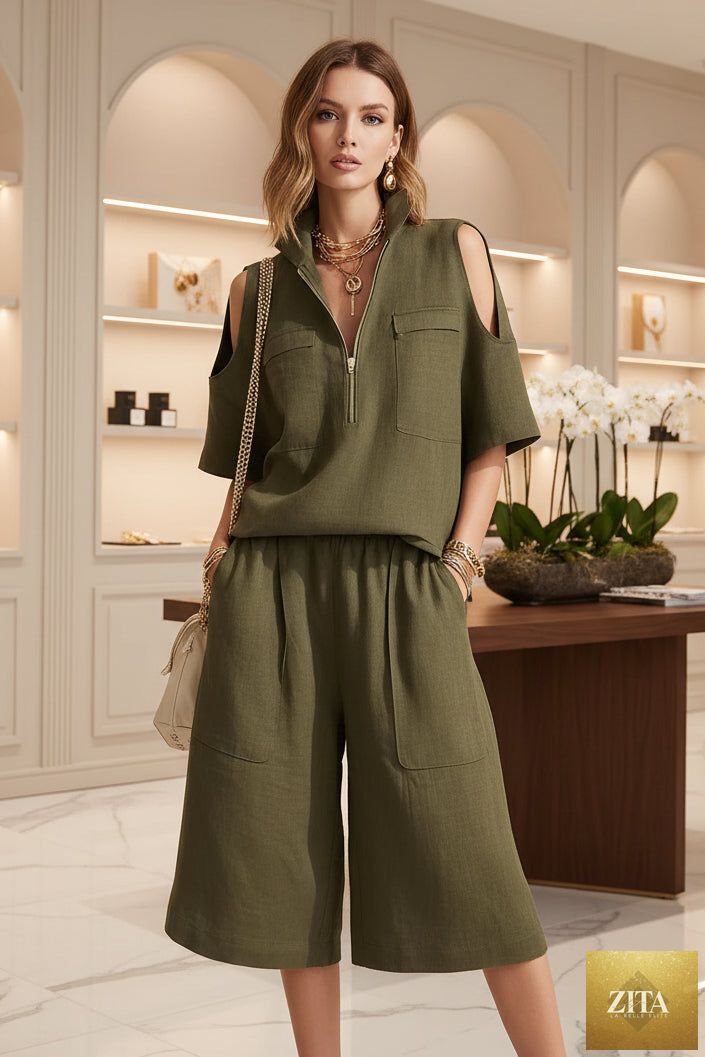MERIDGE short-sleeve shirt and loose shorts two-piece set, casual and comfortable summer outfit for women.