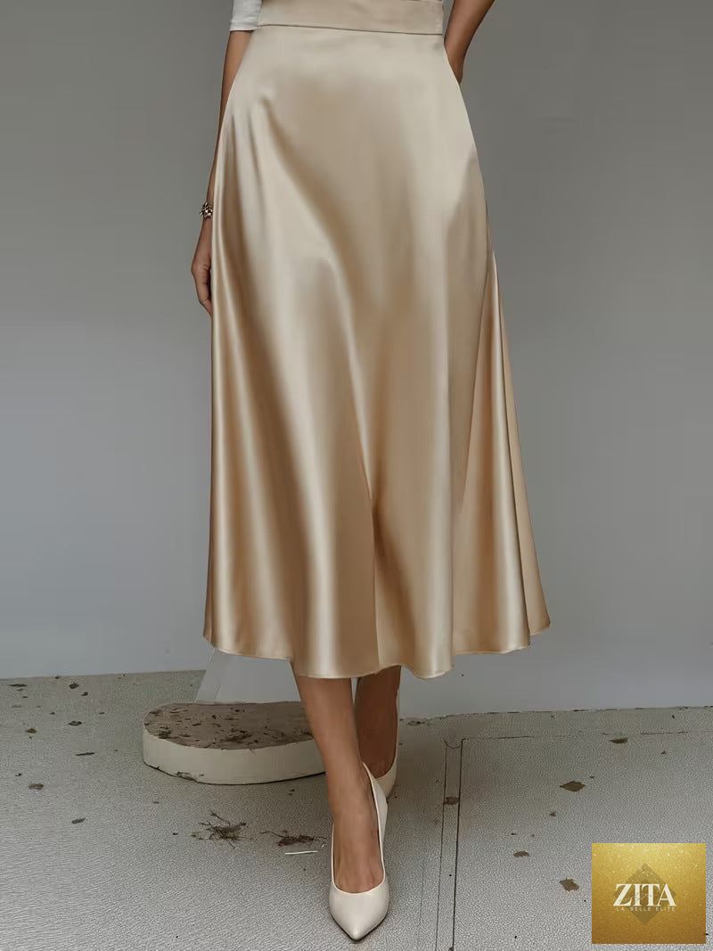 Women's satin solid color mid-length skirt by Zita La Belle Elite with slight stretch, smooth fabric and flattering fit.