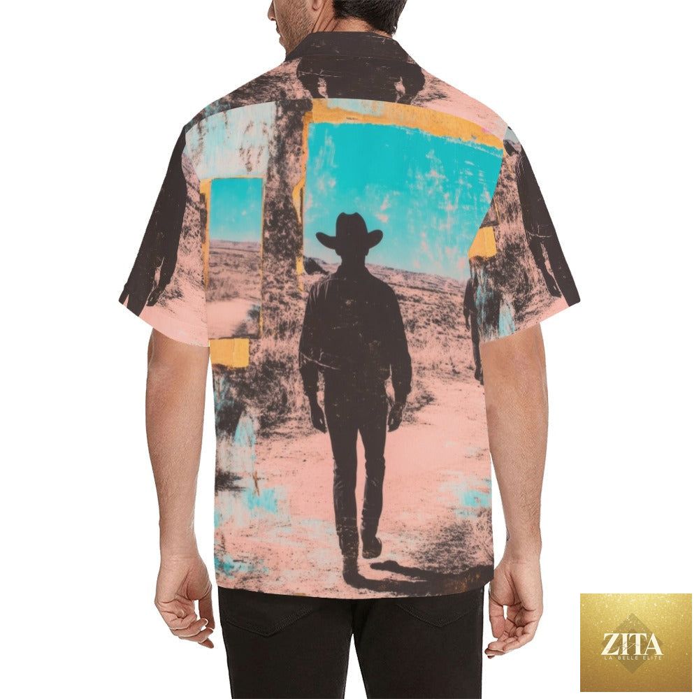 Retro Pop Western Mystery Cowboy men's camp shirt by Baha Ranch Western Wear, featuring bold western-inspired design and vibrant colors.