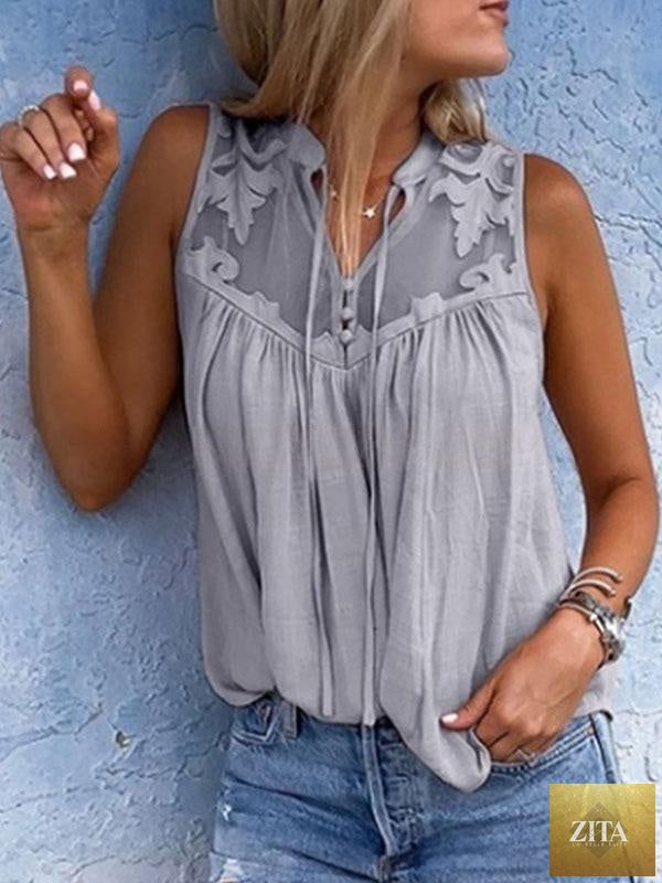 Zita La Belle Elite chiffon patchwork lace V-neck sleeveless top showing intricate lace details and flowing silk chiffon fabric.