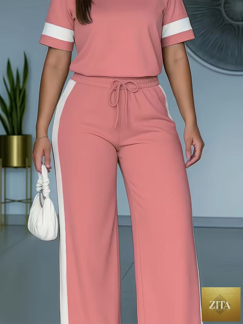 Women's color-block contrast 2-piece casualwear set with top and pants by Zita La Belle Elite, featuring vibrant color designs.