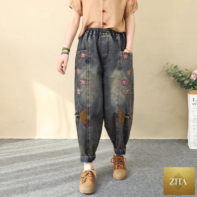 Women's wide-leg high waist denim harem pants with patchwork embroidery, casualwear by Zita La Belle Elite.