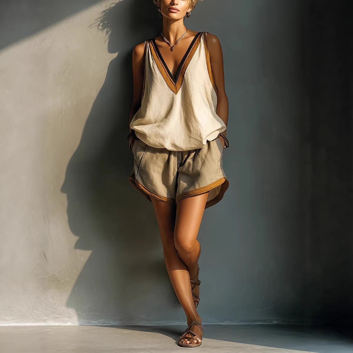 Women's Color-Block V-Neck Sleeveless Top & Shorts Two-Piece Set
