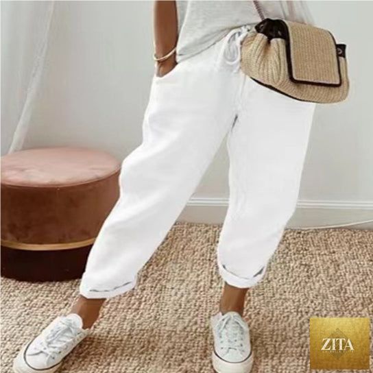Women’s cotton linen casual pants by FitiqueFit in solid color, featuring a relaxed fit and comfortable waistband.