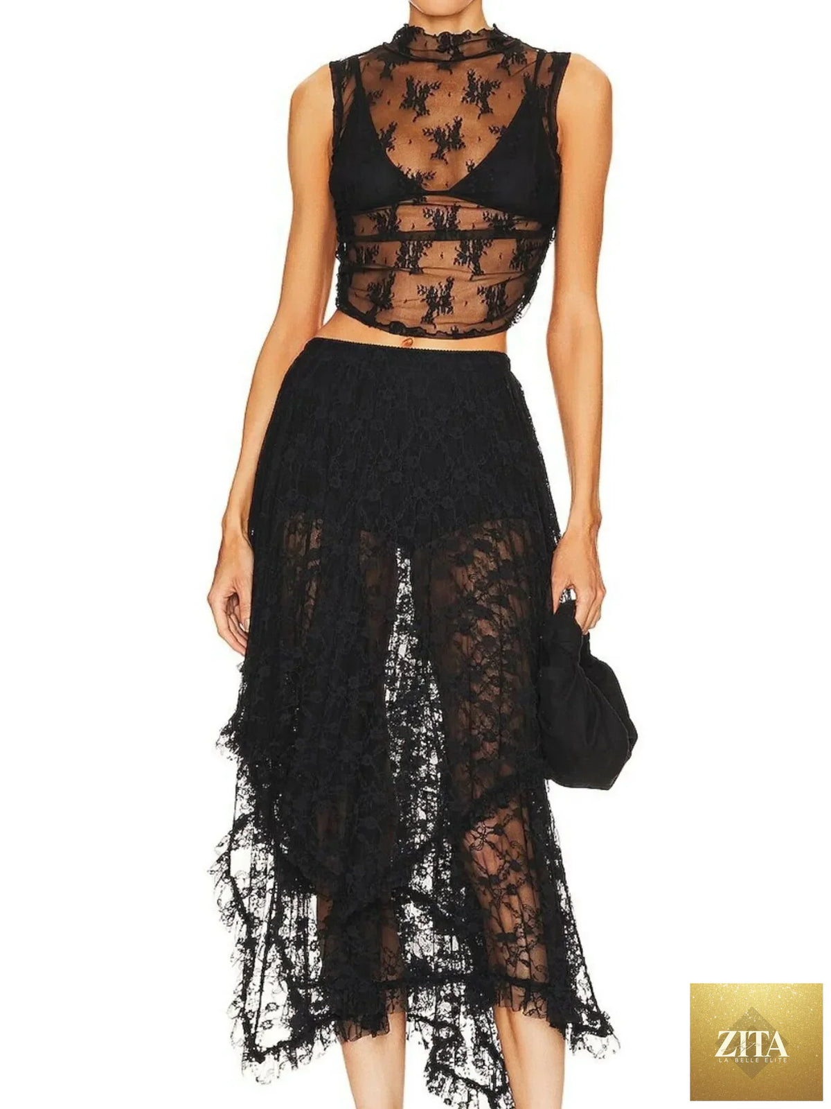 Zita La Belle Elite asymmetrical lace midi skirt with layered ruffles and intricate lace detailing, flowing design in soft fabric.