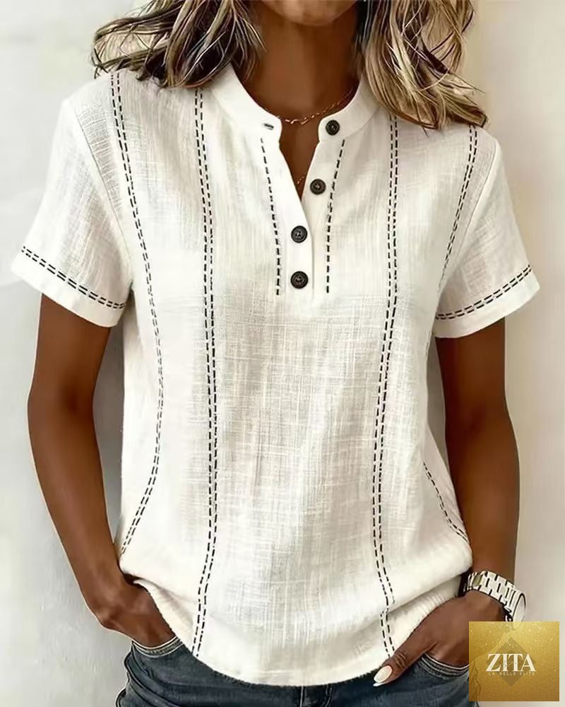 LadyShow.Store summer striped short-sleeve shirt with stand collar, V-neck, and button front, casual women's blouse.