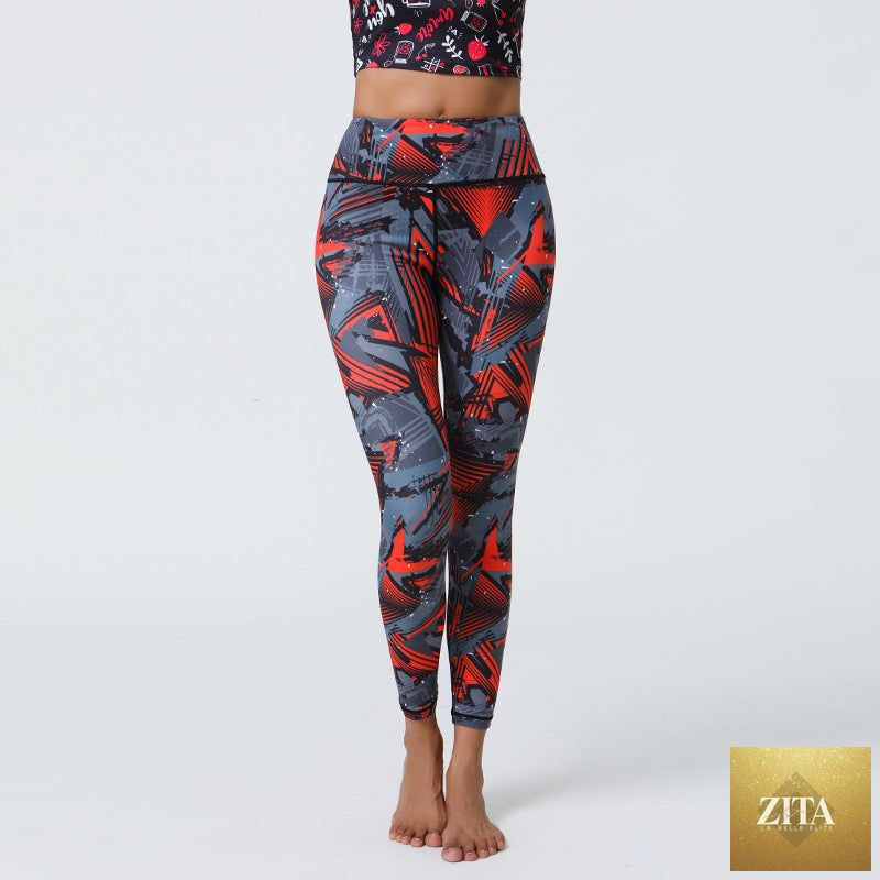 Women’s high-waisted stretchy printed athletic yoga pants for fitness and yoga exercises, featuring a comfortable fit and vibrant pattern.