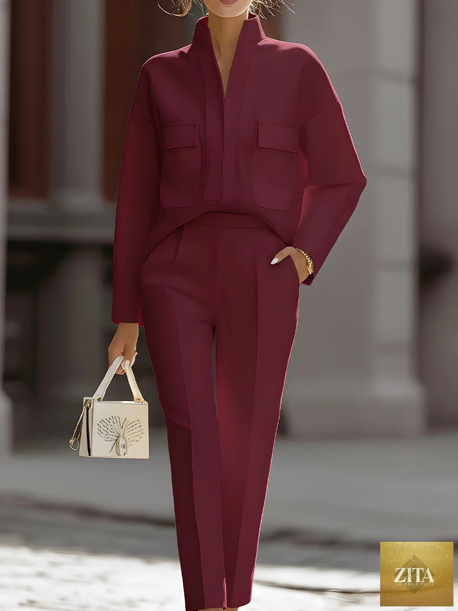 Zita La Belle Elite women's casual two-piece set with pocketed long-sleeve top and matching pants, comfortable urban commuter outfit.