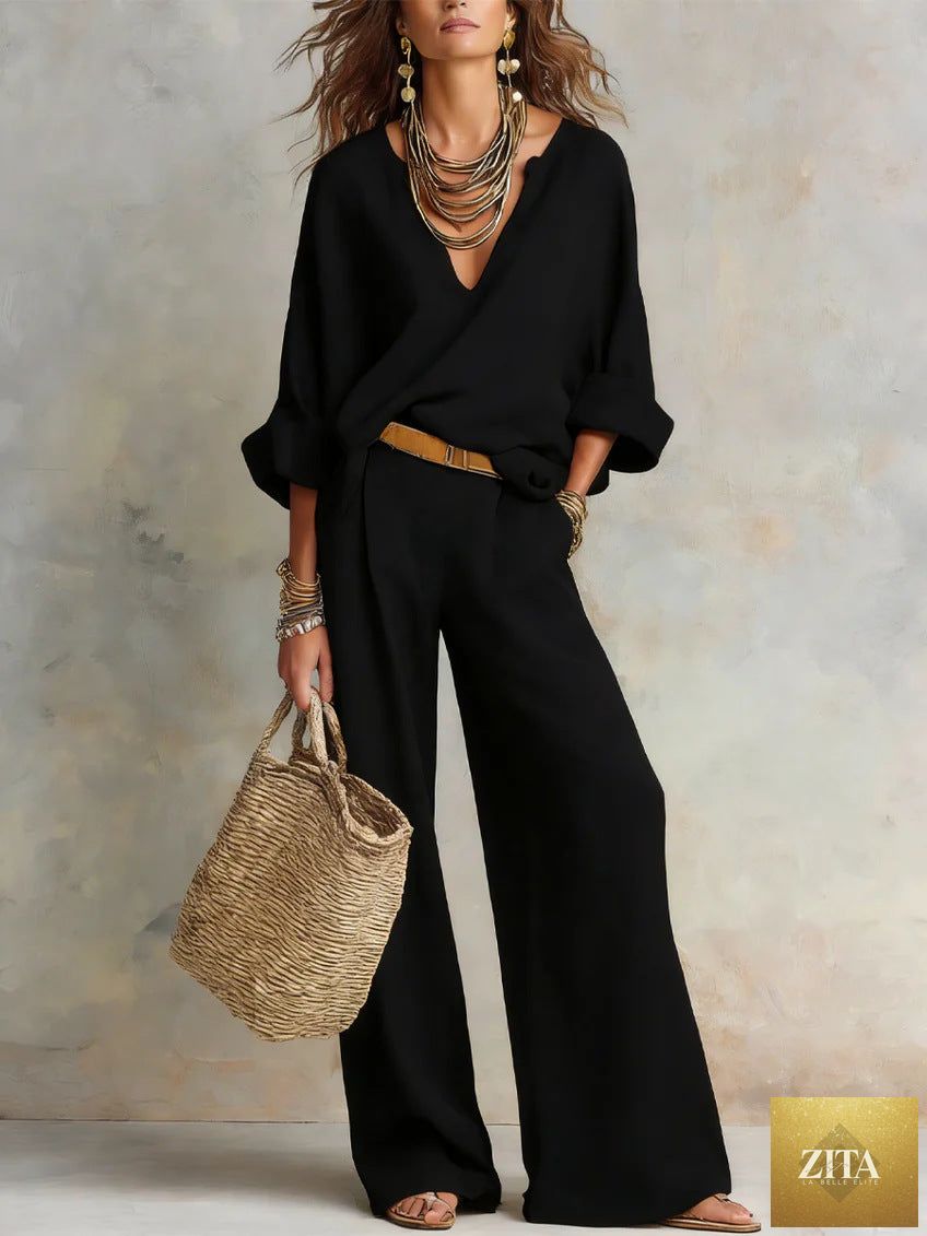 Zita La Belle Elite women's casual linen vacation set with three-quarter sleeve top and full-length pants, beige color.