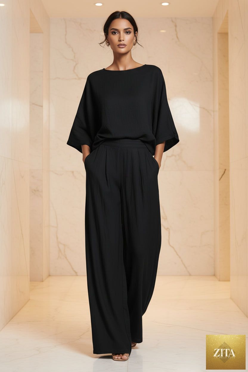 Women's Batwing-Sleeve Top & Wide-Leg Pleated Trousers Two-Piece Set