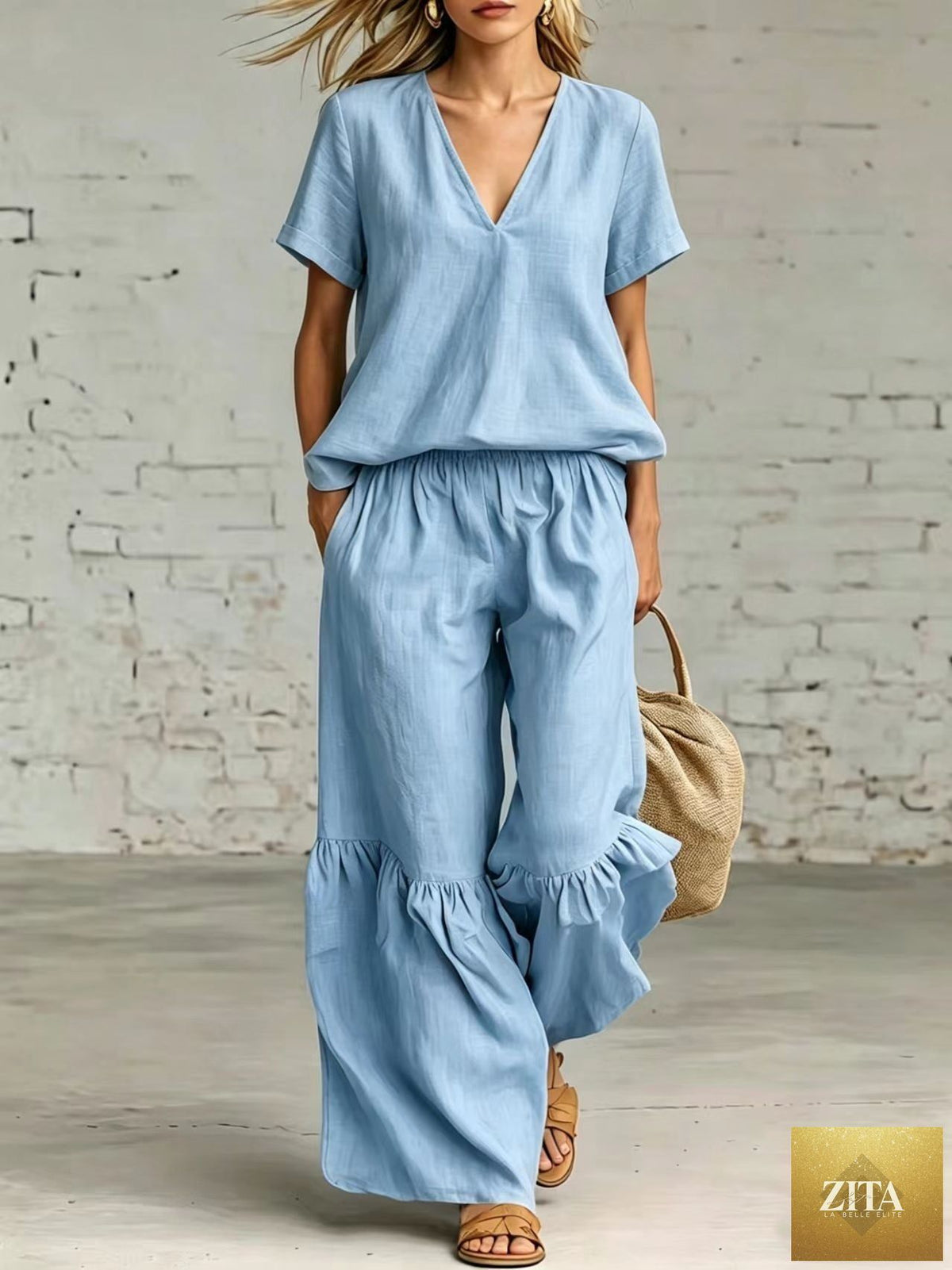 Zita La Belle Elite casualwear set with V-neck loose short-sleeve top and matching pants in various colors, available in sizes S to 5XL.