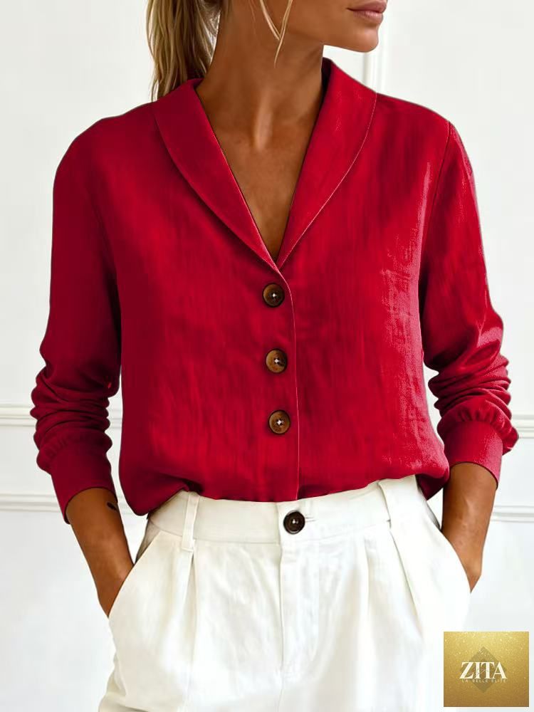 Women's cotton-linen Peter Pan collar button-up shirt by Zita La Belle Elite, shown in multiple colors, front view.