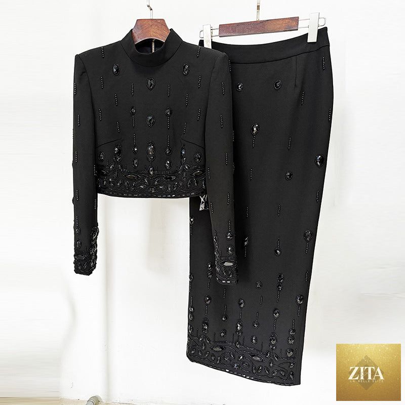 Zita La Belle Elite fashion outfit featuring a heavy industry beads diamond-inlaid short top and long skirt ensemble.