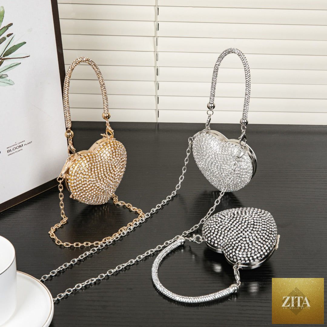 Shomicoboutique rhinestone dinner bag in mini heart shape, shiny small clutch for prom, wedding, or evening party.