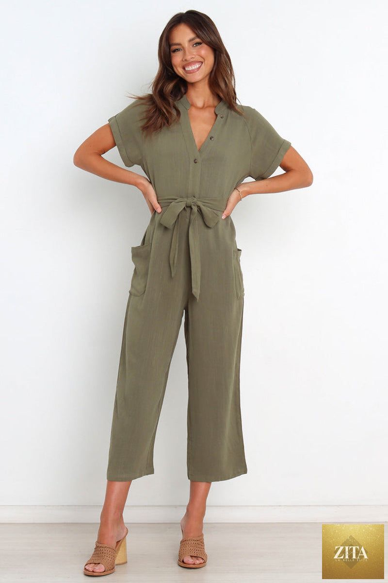 Women's V-neck cropped wide-leg knit jumpsuit by Zita La Belle Elite, shown in a casualwear style with a relaxed fit.
